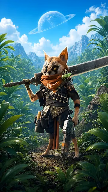 An armored raccoon warrior carrying weapons stands on a jungle trail below a ringed planet. Anthropomorphic warrior carrying a broadsword and gun on a tropical trail under a ringed planet.