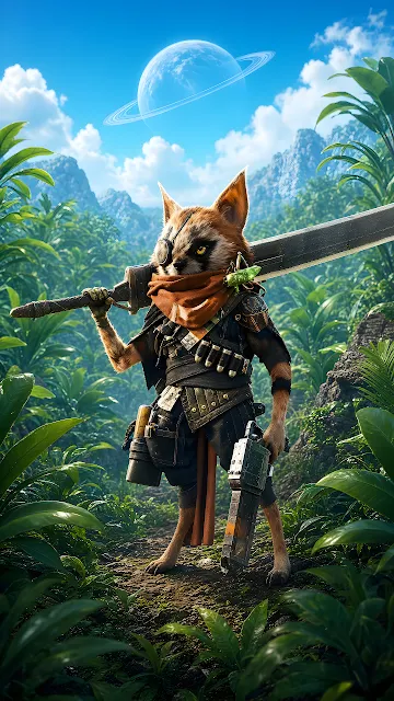 An armored raccoon warrior carrying weapons stands on a jungle trail below a ringed planet. Anthropomorphic warrior carrying a broadsword and gun on a tropical trail under a ringed planet.