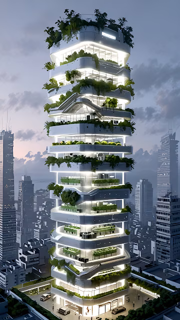 Biophilic Urban Skyscraper with Illuminated Garden Terraces - Free 4K & 8K Mobile Wallpaper