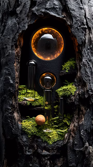 Biopunk Terrarium Vials in Burnt Tree Bark Niche - Free 4K & 8K Mobile Wallpaper