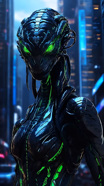 Black Armored Reptilian Cyborg Glowing Green Eyes Cyberpunk City - Free 4K & 8K Mobile Wallpaper