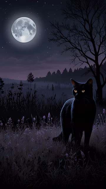 Black Cat with Glowing Eyes Under Full Moon - Free 4K & 8K Mobile Wallpaper