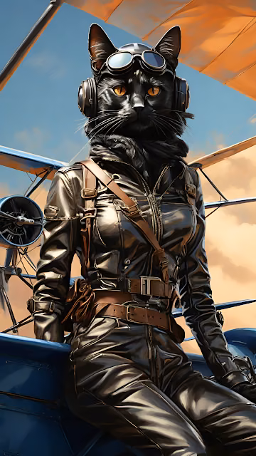 Black Cat Pilot in Leather Jacket on Vintage Biplane - Free 4K & 8K Mobile Wallpaper