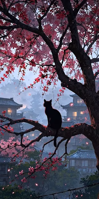 Black Cat Silhouette Under Crimson Sakura Tree, Japanese Village Art - Free 4K & 8K Mobile Wallpaper