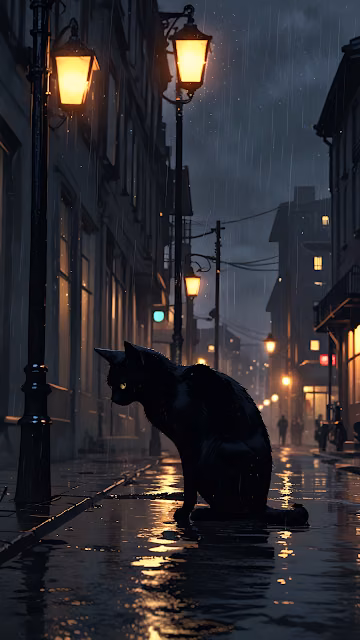 Black Cat Sitting on Rainy City Street at Night - Free 4K & 8K Mobile Wallpaper