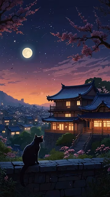 Black Cat Watches Moon Over Japanese Town at Dusk - Free 4K & 8K Mobile Wallpaper