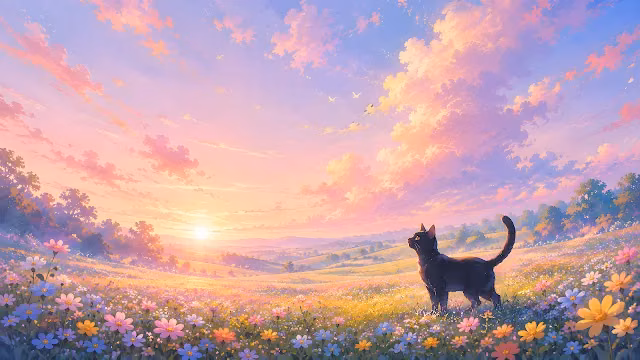 Illustration of a black cat standing in a flower meadow looking up at a pastel sunset sky.