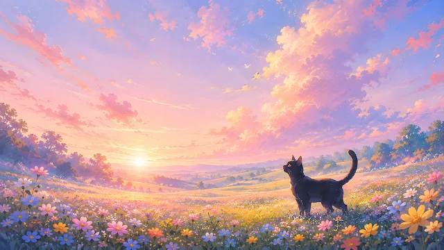 A black cat looks up while standing in a colorful wildflower field during a pastel sunset. Illustration of a black cat standing in a flower meadow looking up at a pastel sunset sky.