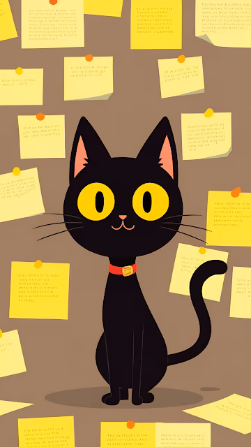 Black cat with yellow eyes sits amid wall of sticky notes - Free 4K & 8K Mobile Wallpaper