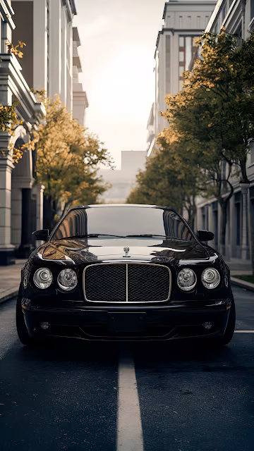 Black Classic Luxury Sedan on Tree Lined City Street - Free 4K & 8K Mobile Wallpaper