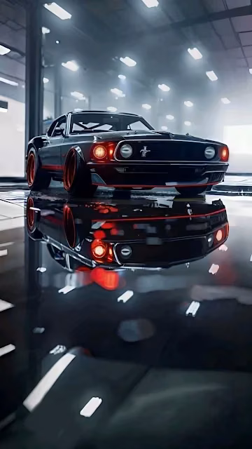 Black classic Mustang gleams under garage lights with reflection - Free 4K & 8K Mobile Wallpaper
