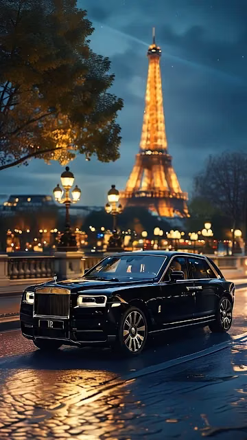 Black Luxury Sedan in Paris with Illuminated Eiffel Tower - Free 4K & 8K Mobile Wallpaper