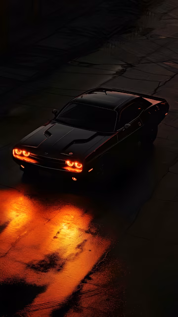 Black Muscle Car Headlights Night Reflection Dark Street - Free 4K & 8K Mobile Wallpaper