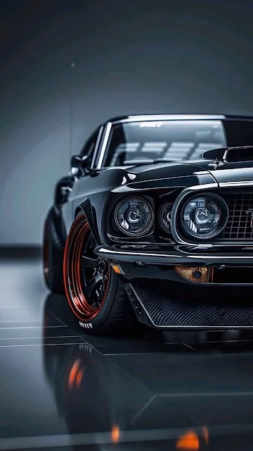 Black muscle car with red rims gleams in dark studio - Free 4K & 8K Mobile Wallpaper