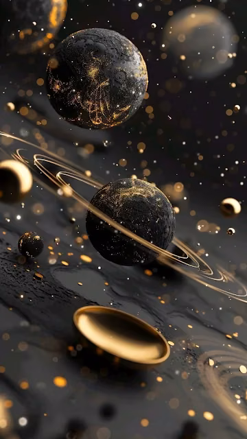 Black Planets with Gold Dust Rings and Bokeh Lights Abstract - Free 4K & 8K Mobile Wallpaper