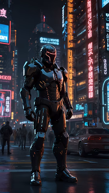 Black Power Armor Soldier in Neon Cyberpunk City Street - Free 4K & 8K Mobile Wallpaper