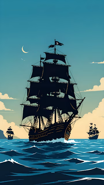 Black Silhouette Pirate Ships Sailing Rough Turquoise Ocean - Free 4K & 8K Mobile Wallpaper