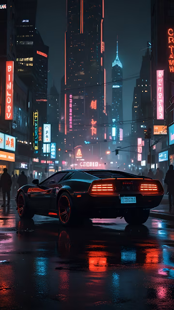 Black Sports Car in Rainy Neon City at Night - Free 4K & 8K Mobile Wallpaper