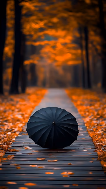Black Umbrella on Autumn Path Amidst Golden Fallen Leaves - Free 4K & 8K Mobile Wallpaper