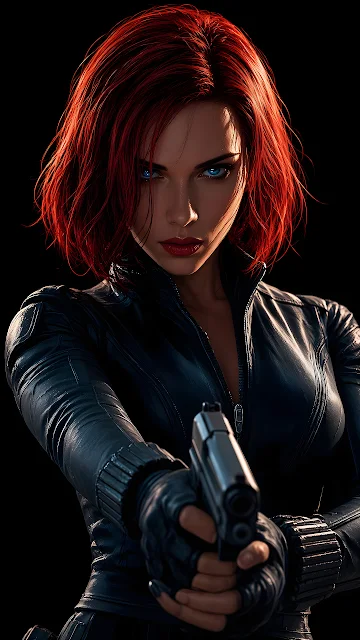Black Widow with red hair in a black tactical leather suit aiming a pistol directly forward.