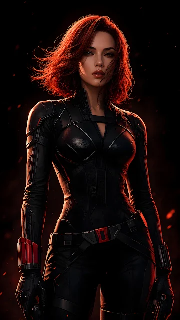 Black Widow standing in tactical armor with red lighting highlights and subtle embers in the background.