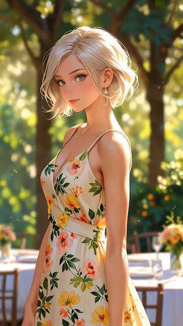Blonde Woman in Floral Dress in Sunlit Garden - Free 4K & 8K Mobile Wallpaper