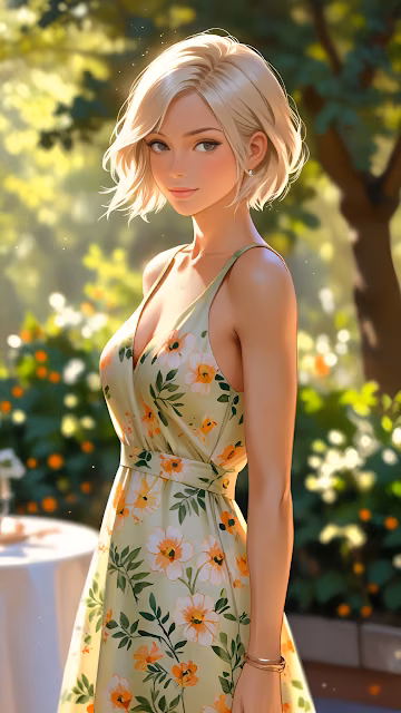 Blonde Woman in Floral Dress in Sunlit Garden - Free 4K & 8K Mobile Wallpaper