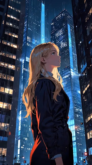Blonde Woman Staring at Illuminated Night Skyscrapers - Free 4K & 8K Mobile Wallpaper