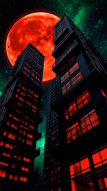 Blood Moon Over Neon City Skyscrapers and Green Nebula Sky - Free 4K & 8K Mobile Wallpaper