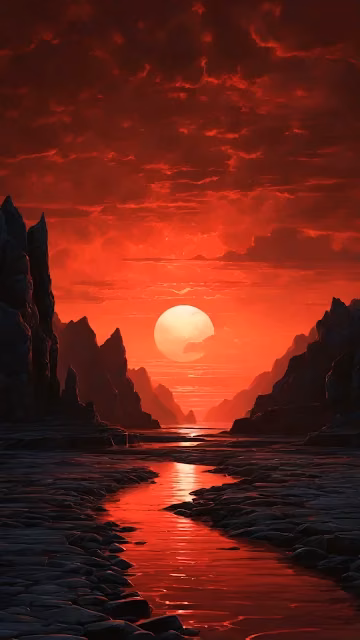Blood red sunset glows over rocky canyon with river - Free 4K & 8K Mobile Wallpaper