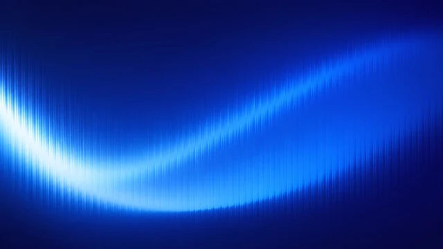 A glowing blue frequency wave curves smoothly across a dark blue gradient field. Bright cyan and royal blue curved sound wave pattern against a dark navy gradient background.