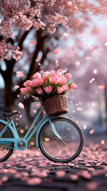 Blue Bicycle with Pink Tulips Under Cherry Blossoms - Free 4K & 8K Mobile Wallpaper