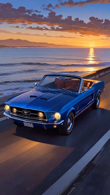 Blue classic Mustang cruises coastal highway at sunset - Free 4K & 8K Mobile Wallpaper