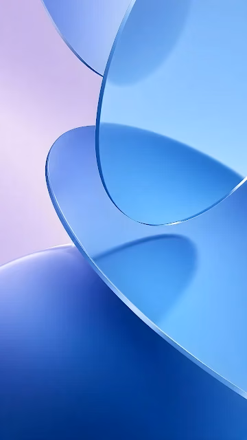 Minimalist 3D render of overlapping translucent blue curved glass shapes over a soft pastel gradient. Curved translucent blue glass panels overlapping against a soft purple and blue gradient background.