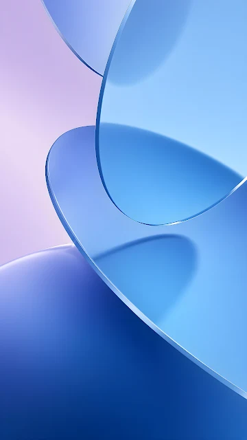 Minimalist 3D render of overlapping translucent blue curved glass shapes over a soft pastel gradient. Curved translucent blue glass panels overlapping against a soft purple and blue gradient background.