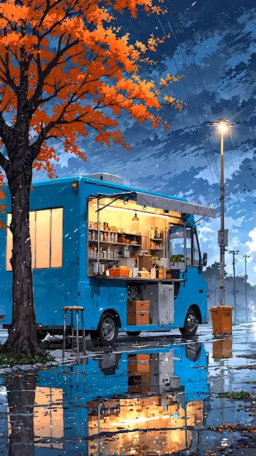 Blue Food Truck Reflection in Rainy Autumn Street Art - Free 4K & 8K Mobile Wallpaper