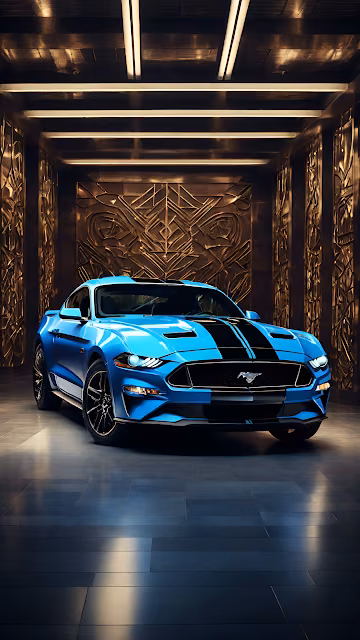 Blue Ford Mustang in Luxurious Art Deco Gold Interior - Free 4K & 8K Mobile Wallpaper