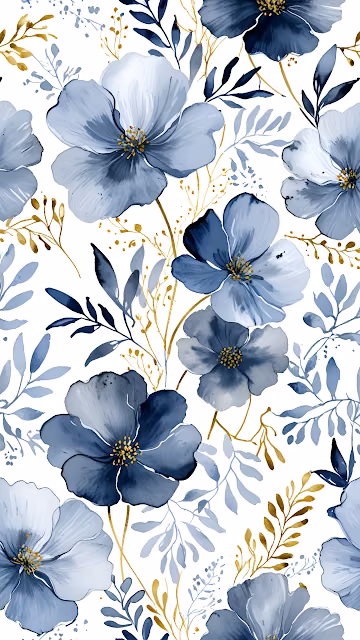 Blue and Gold Watercolor Floral Pattern on White - Free 4K & 8K Mobile Wallpaper