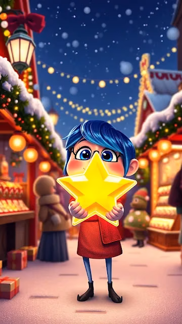 Blue-Haired Girl Holding Glowing Star in Market - Free 4K & 8K Mobile Wallpaper