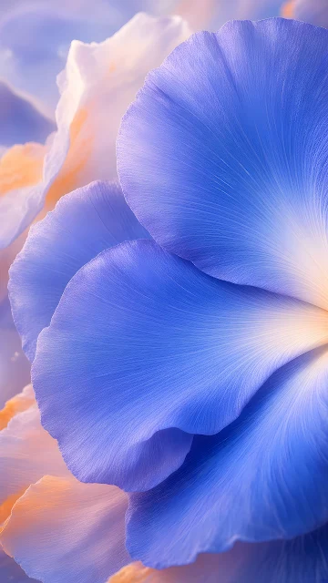 Delicate blue iris flower petals display intricate vein textures and warm yellow gradients. Macro view of layered blue and purple flower petals showing fine linear vein textures.