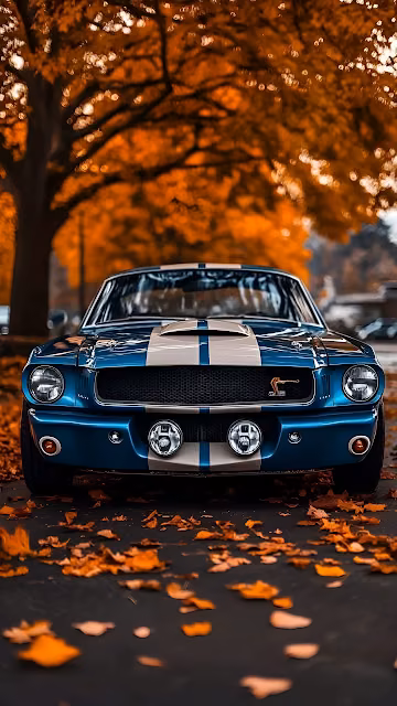 Blue Mustang with White Stripes in Autumn Forest - Free 4K & 8K Mobile Wallpaper
