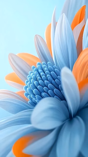 Extreme macro of a stylized flower featuring contrasting pastel blue and orange petals. Macro shot of layered pastel blue and bright orange flower petals with detailed center.
