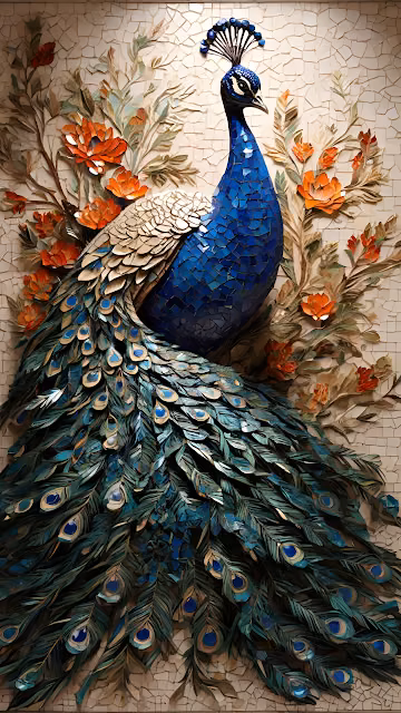 Blue Peacock Mosaic Art, Intricate Tile Sculpture - Free 4K & 8K Mobile Wallpaper