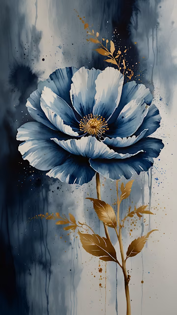 Blue Poppy with Gold Accents on Textured Watercolor Background - Free 4K & 8K Mobile Wallpaper