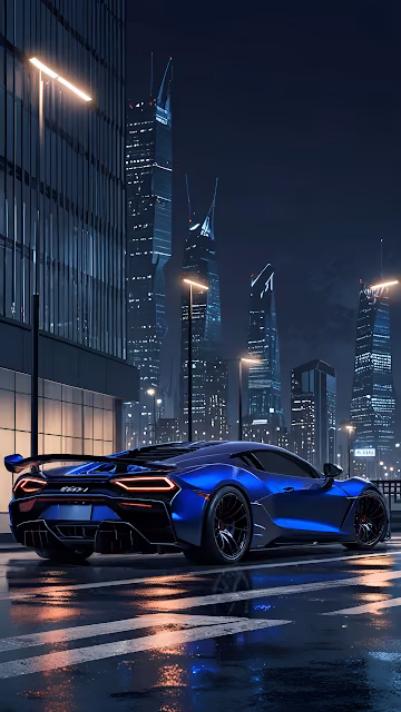 Blue Supercar Parked on Rainy City Street at Night - Free 4K & 8K Mobile Wallpaper