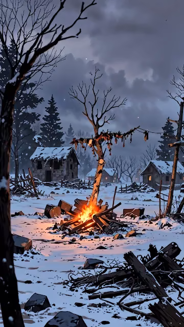 Bonfire in Snowy Village Under Stormy Sky - Free 4K & 8K Mobile Wallpaper
