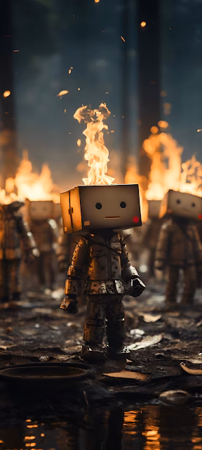 Box Robot with Burning Head in Apocalyptic Forest - Free 4K & 8K Mobile Wallpaper