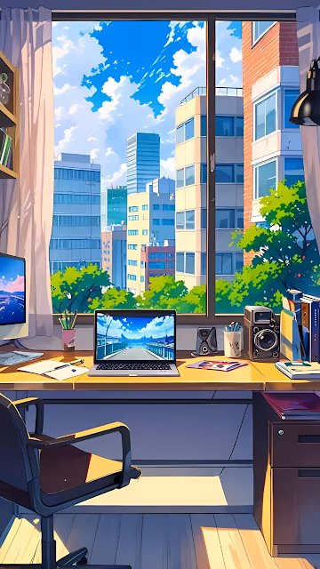 Bright Anime Office Desk Setup Urban Window Scene - Free 4K & 8K Mobile Wallpaper