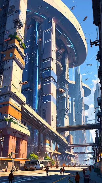 Bright Futuristic City Street Level Architecture - Free 4K & 8K Mobile Wallpaper