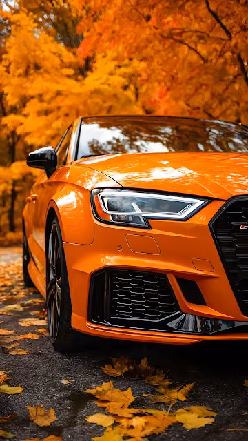 Bright Orange Sports Sedan Headlight in Golden Autumn Foliage - Free 4K & 8K Mobile Wallpaper